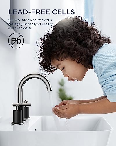 A|M Aquae Matte Black Bathroom Faucet 3 Hole, 8 Inch Widespread Bathroom Faucet Black with Metal Pop-up Drain Assembly, Two Handle Vanity Faucet with cUPC Supply Lines, 8" Black Bathroom Faucet