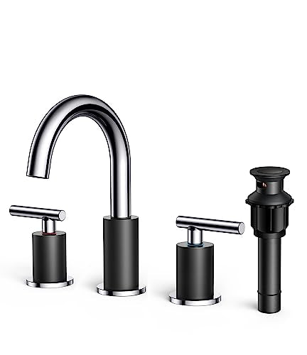 A|M Aquae Matte Black Bathroom Faucet 3 Hole, 8 Inch Widespread Bathroom Faucet Black with Metal Pop-up Drain Assembly, Two Handle Vanity Faucet with cUPC Supply Lines, 8" Black Bathroom Faucet