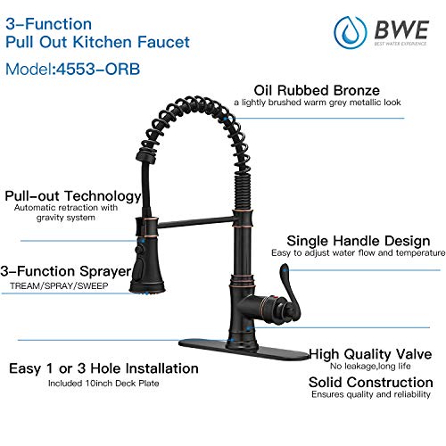 A|M Aquae Kitchen Sink Faucet with Deck Plate Matte Black with Pull Down Sprayer 3 Spray Modes Single Handle Singe Lever High Arc Kitchen Faucet Lead-Free Farmhouse Commercial Bar Kitchen Faucets