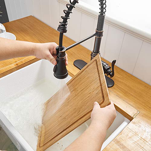 A|M Aquae Kitchen Sink Faucet with Deck Plate Matte Black with Pull Down Sprayer 3 Spray Modes Single Handle Singe Lever High Arc Kitchen Faucet Lead-Free Farmhouse Commercial Bar Kitchen Faucets