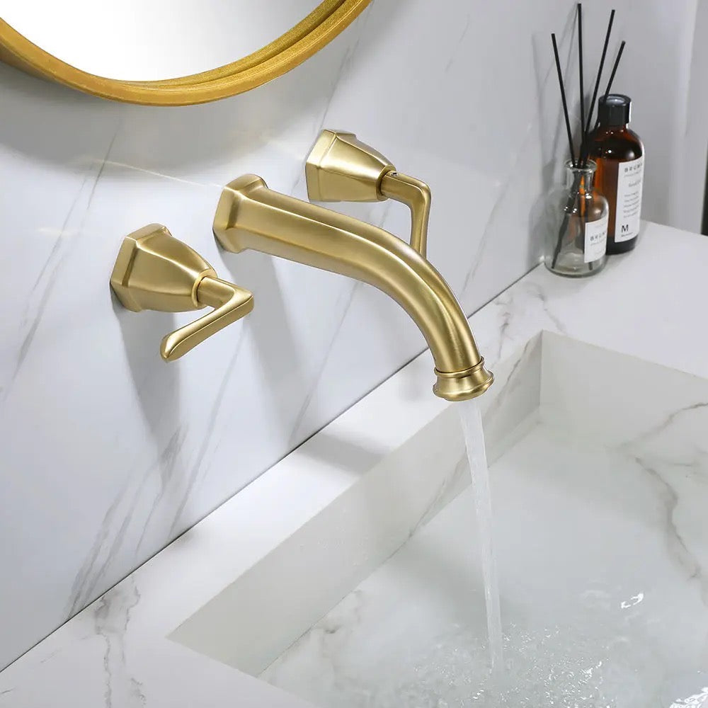 AvaMalis Modern Industrial Gold Brass Basin Mixer Faucet 3-Hole Double Wall Mounted Ceramic Brushed Modern Industrial 3-hole double gold