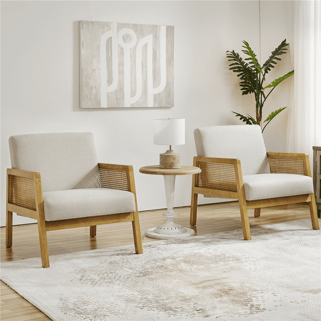 Fabric Upholstered Accent Chair with Rattan Sides