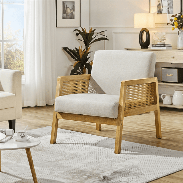 Fabric Upholstered Accent Chair with Rattan Sides