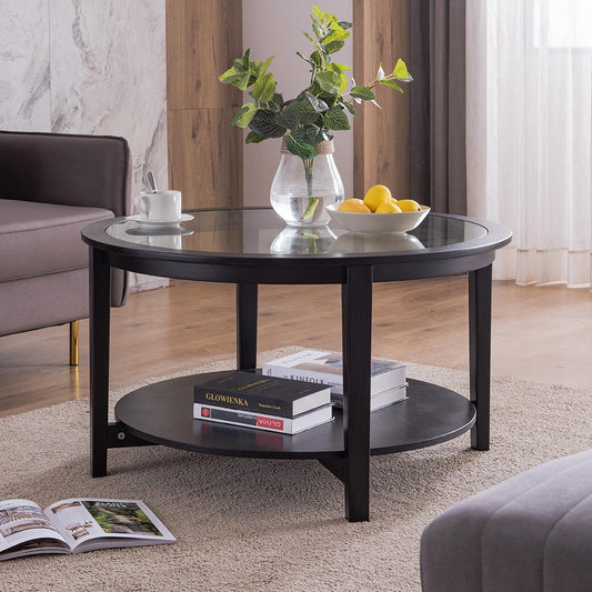 Modern Solid wood round coffee table with tempered glass top black color-36"