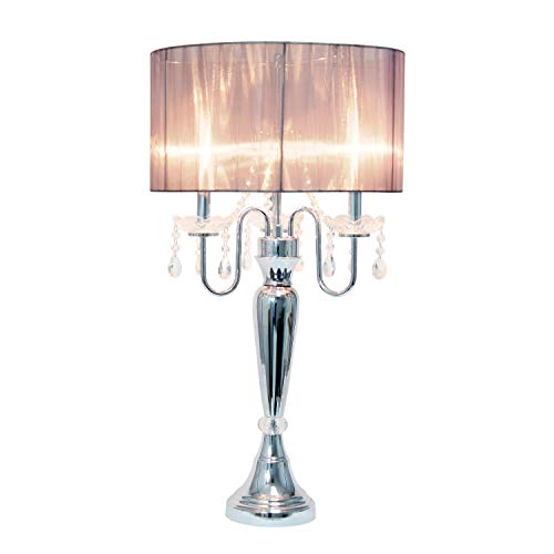 Elegant Designs LT1034-WHT Trendy Sheer Table Lamp with Hanging Crystals and Sheer Shade, White