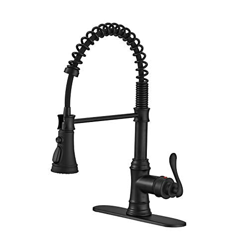 A|M Aquae Kitchen Sink Faucet with Deck Plate Matte Black with Pull Down Sprayer 3 Spray Modes Single Handle Singe Lever High Arc Kitchen Faucet Lead-Free Farmhouse Commercial Bar Kitchen Faucets