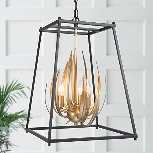 Modern Chandelier Light Fixture, 3-Light Stylish Flame Pendant Light Black and Gold Finish Metal for Dining and Living Room, Bedroom, Kitchen Island, Entryway, W15 x H20