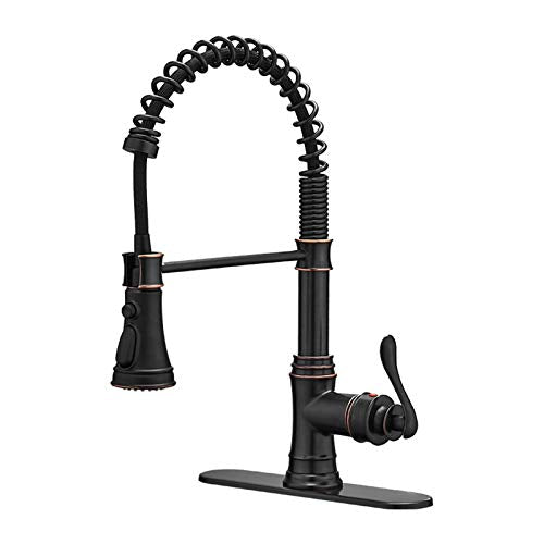 A|M Aquae Kitchen Sink Faucet with Deck Plate Matte Black with Pull Down Sprayer 3 Spray Modes Single Handle Singe Lever High Arc Kitchen Faucet Lead-Free Farmhouse Commercial Bar Kitchen Faucets