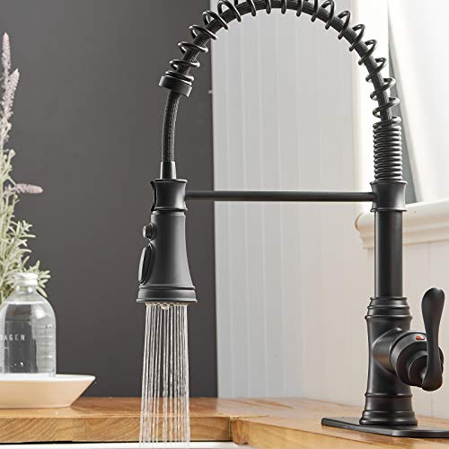 A|M Aquae Kitchen Sink Faucet with Deck Plate Matte Black with Pull Down Sprayer 3 Spray Modes Single Handle Singe Lever High Arc Kitchen Faucet Lead-Free Farmhouse Commercial Bar Kitchen Faucets