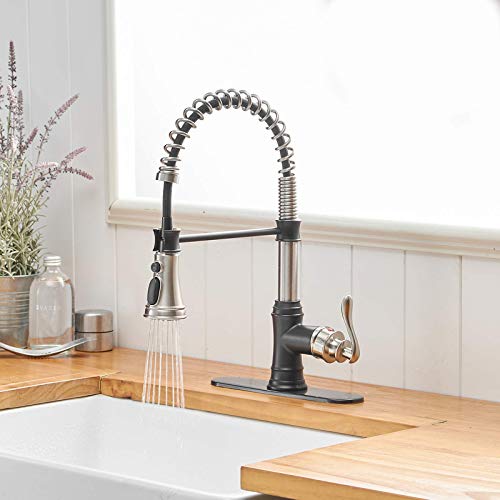 A|M Aquae Kitchen Sink Faucet with Deck Plate Matte Black with Pull Down Sprayer 3 Spray Modes Single Handle Singe Lever High Arc Kitchen Faucet Lead-Free Farmhouse Commercial Bar Kitchen Faucets