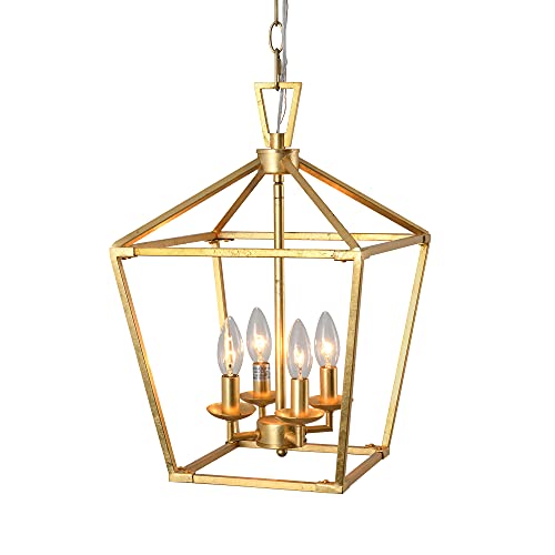 4-Light Gold Chandelier Lantern Pendant Light for Kitchen Island Dining Room Entryway Foyer Antique Hanging Ceiling Light Fixtures with Adjustable Chain, Gold Leaf Finish