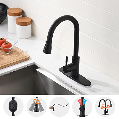 A|M Aquae Black Kitchen Faucets with Pull Down Sprayer Kitchen Sink Faucet with Pull Out Sprayer Single Hole Deck Mount Single Handle Stainless Steel Grifos De Cocina 866068R