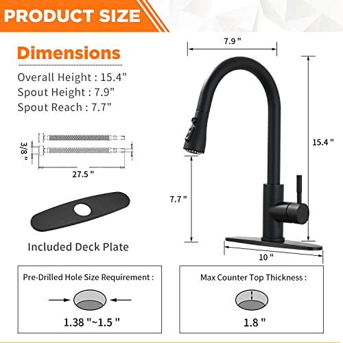 A|M Aquae Black Kitchen Faucets with Pull Down Sprayer Kitchen Sink Faucet with Pull Out Sprayer Single Hole Deck Mount Single Handle Stainless Steel Grifos De Cocina 866068R