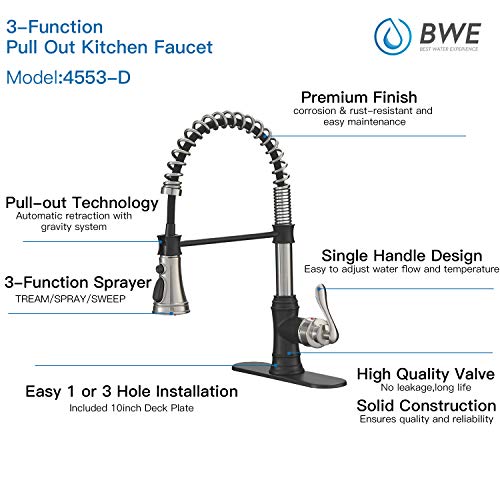 A|M Aquae Kitchen Sink Faucet with Deck Plate Matte Black with Pull Down Sprayer 3 Spray Modes Single Handle Singe Lever High Arc Kitchen Faucet Lead-Free Farmhouse Commercial Bar Kitchen Faucets