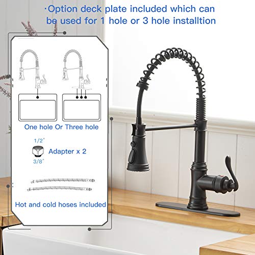 A|M Aquae Kitchen Sink Faucet with Deck Plate Matte Black with Pull Down Sprayer 3 Spray Modes Single Handle Singe Lever High Arc Kitchen Faucet Lead-Free Farmhouse Commercial Bar Kitchen Faucets