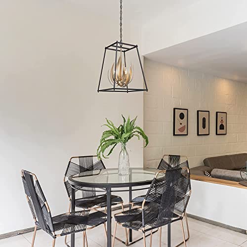 Modern Chandelier Light Fixture, 3-Light Stylish Flame Pendant Light Black and Gold Finish Metal for Dining and Living Room, Bedroom, Kitchen Island, Entryway, W15 x H20