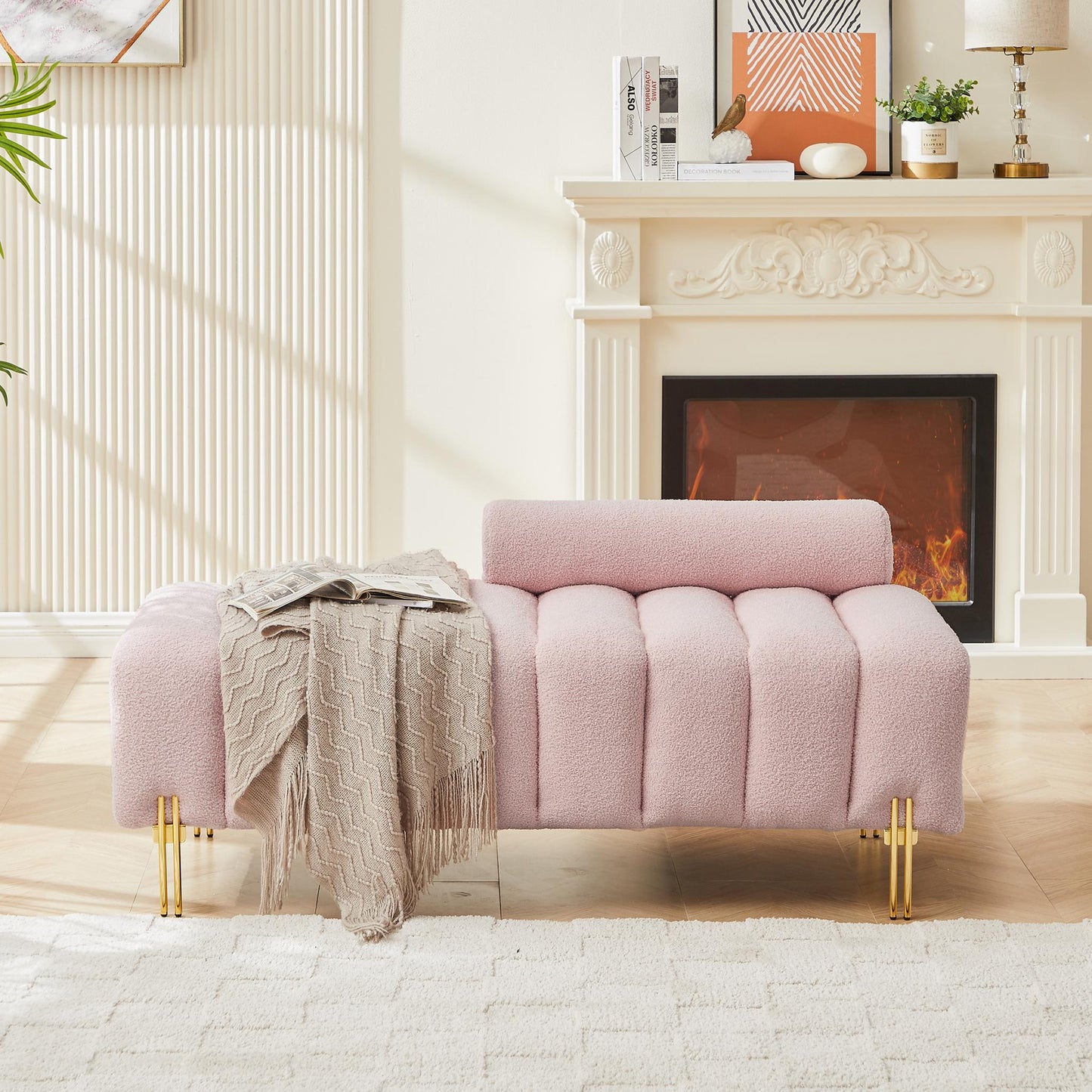 Modern End of Bed Bench Upholstered Teddy Entryway Ottoman Bench Fuzzy Sofa Stool Footrest Window Bench with Gold Metal Legs for Bedroom Apartments