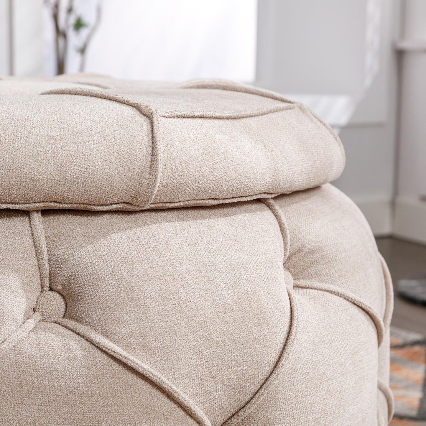 Large Button Tufted Woven Round Storage Footstool。Suitable for living room, bedroom, study