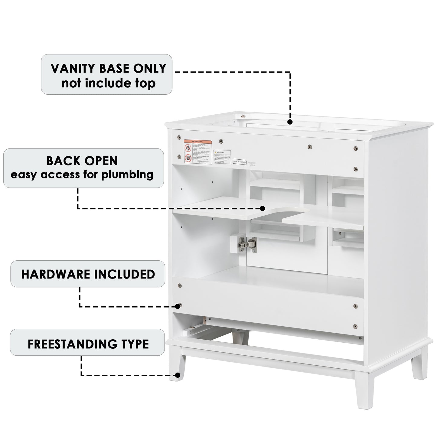 30" Bathroom Vanity without Sink, Base Only, Multi-functional Bathroom Cabinet with Doors and Drawer, Solid Frame and MDF Board, White