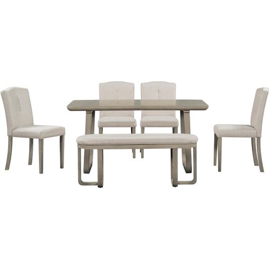 6-Piece Retro-Style Dining Set Includes Dining Table, 4 Upholstered Chairs & Bench with Foam-covered Seat Backs & Cushions for Dining Room (Light Khaki+Beige)