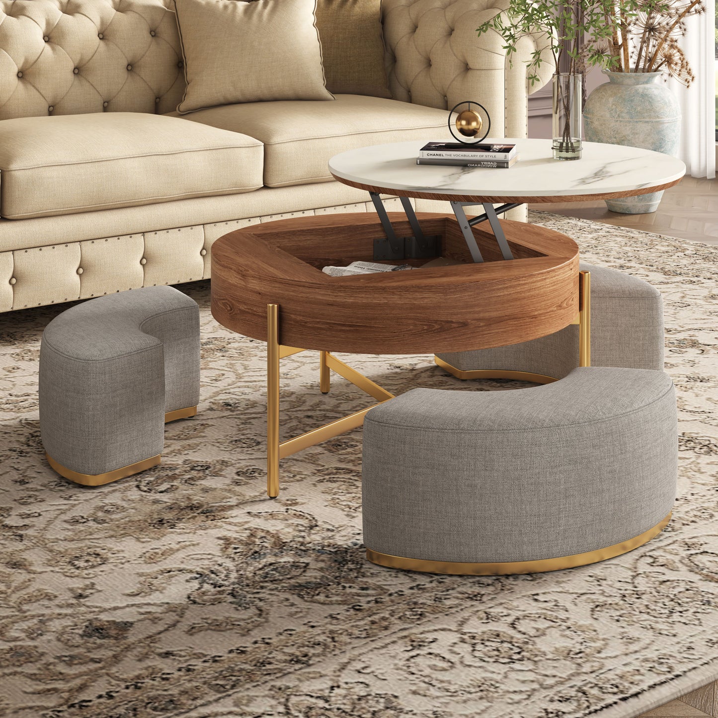 Modern Nesting Coffee Table Set with Sintered Stone Top, Lift-top Coffee Table 37"