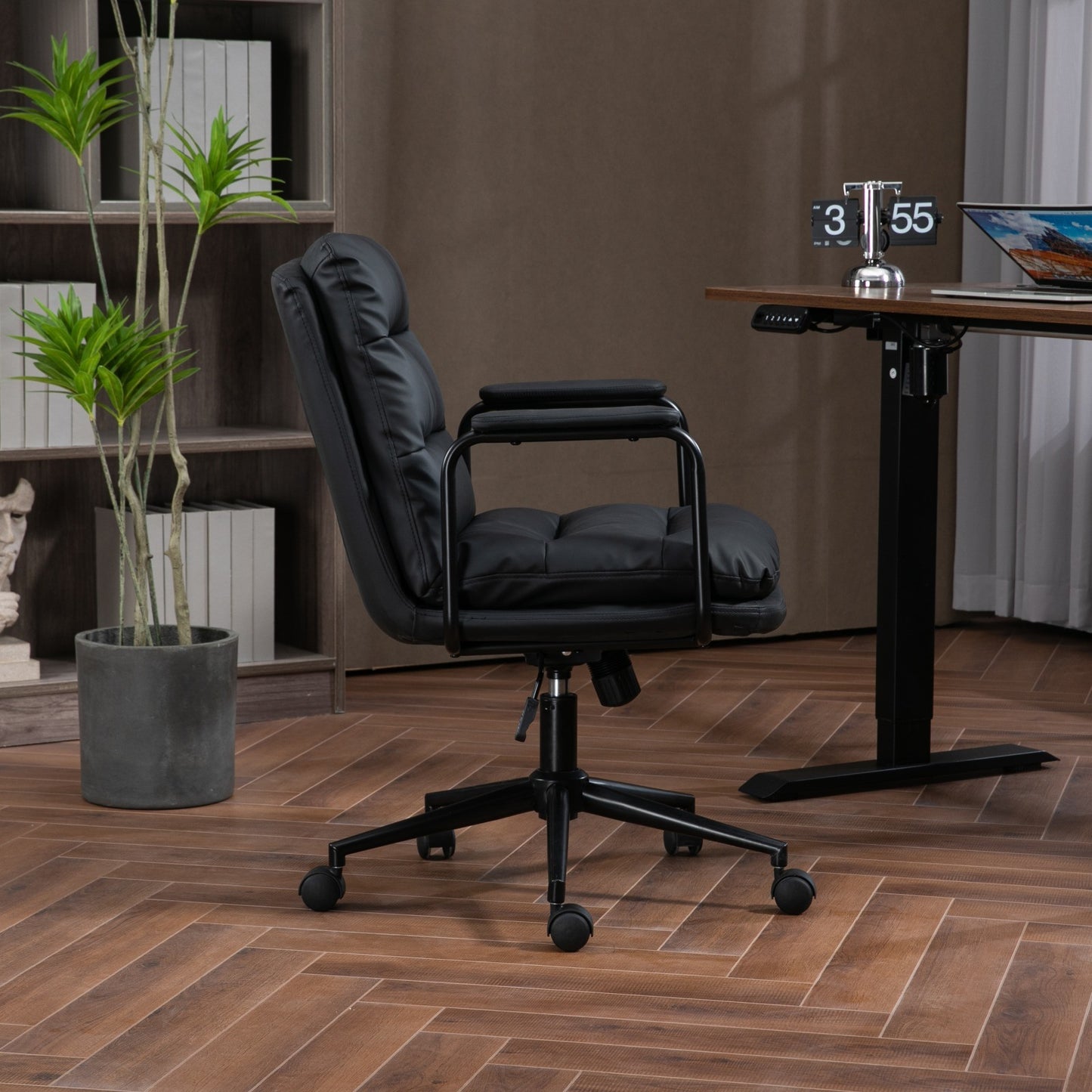 Office Chair,Mid Back Home Office Desk Task Chair with Wheels and Arms Ergonomic PU Leather Computer Rolling Swivel Chair with Padded Armrest,The back of the chair can recline 40° (Black)