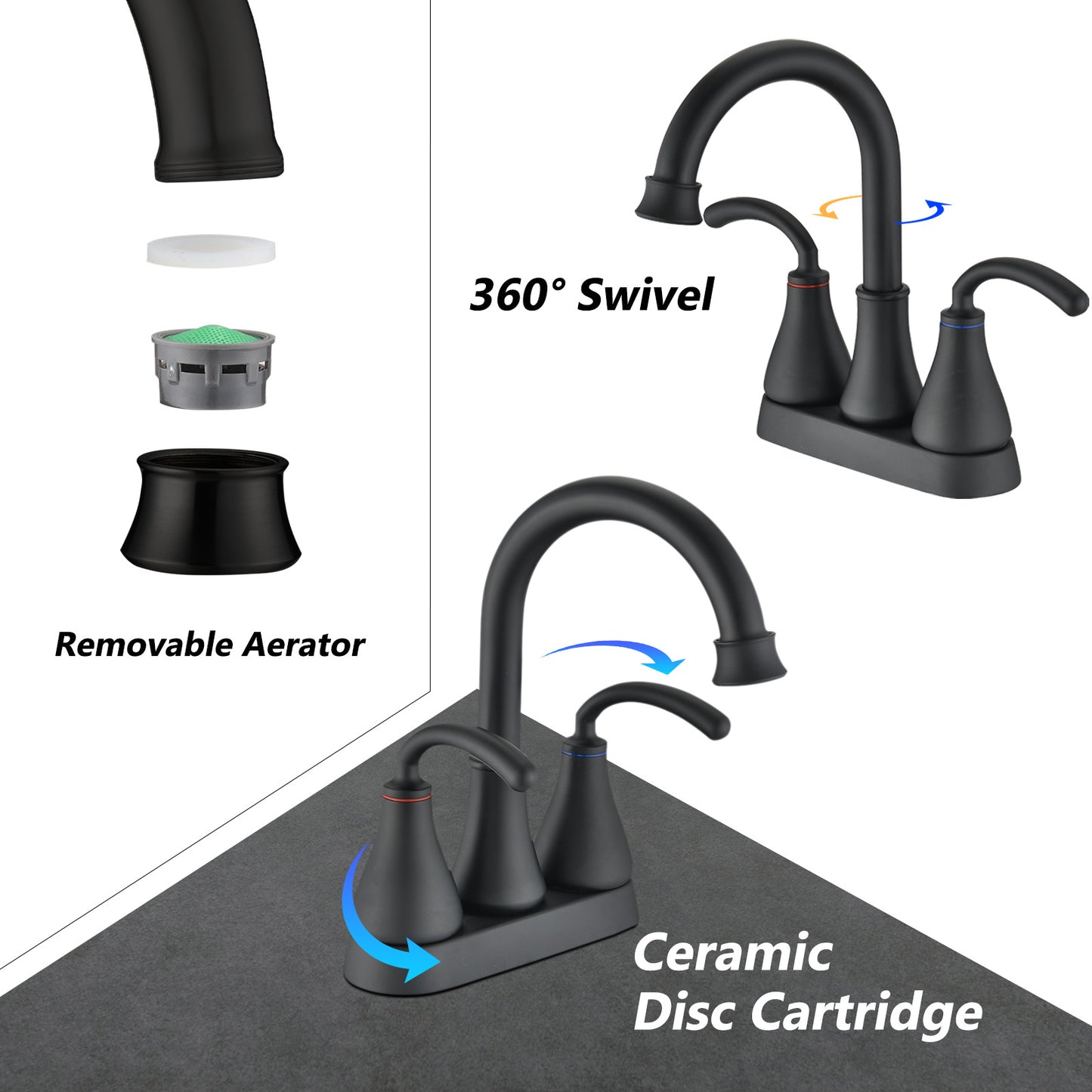 AvaMalis A|M Aquae Matte Black Dual Handles 4 Inches Center set Lead-Free Bathroom Sink Faucet