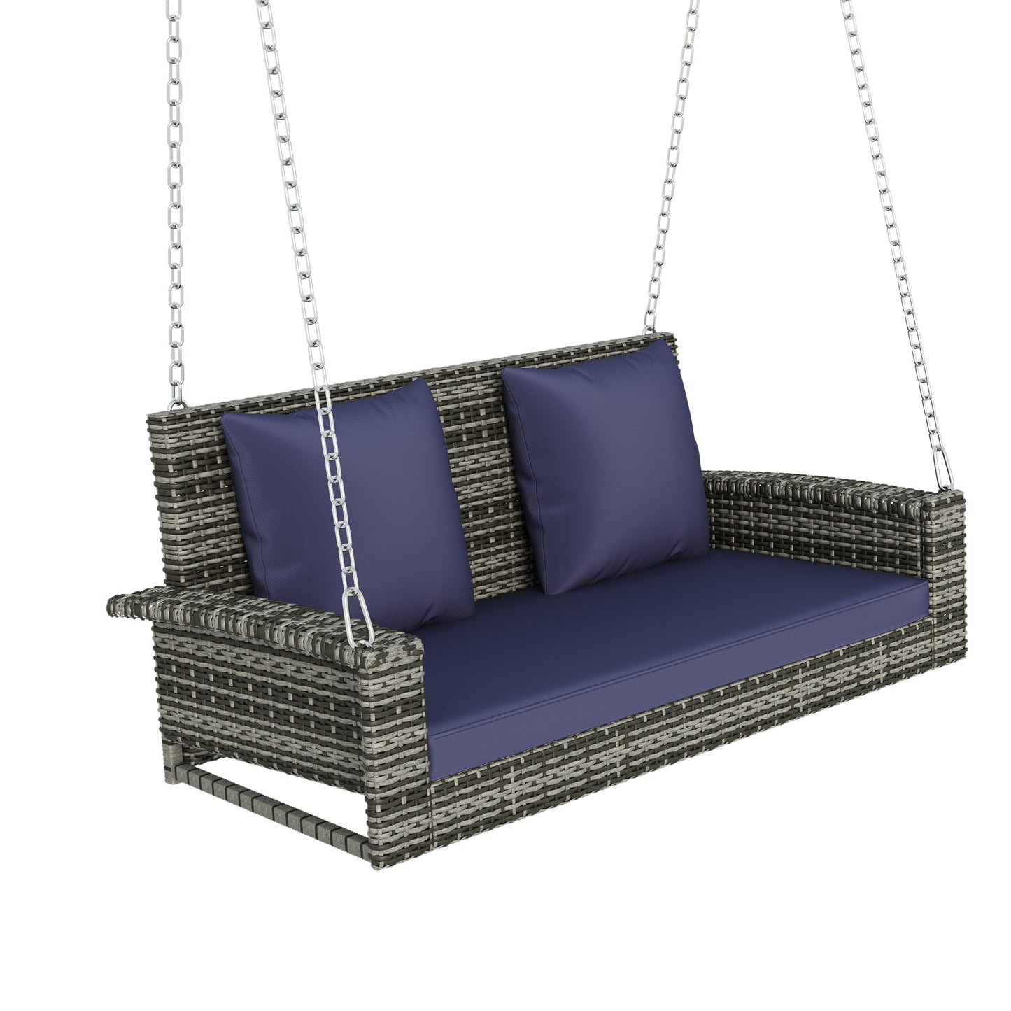 GO 2-Person Wicker Hanging Porch Swing with Chains, Cushion, Pillow, Rattan Swing Bench for Garden, Backyard, Pond. (Gray Wicker, Blue Cushion)