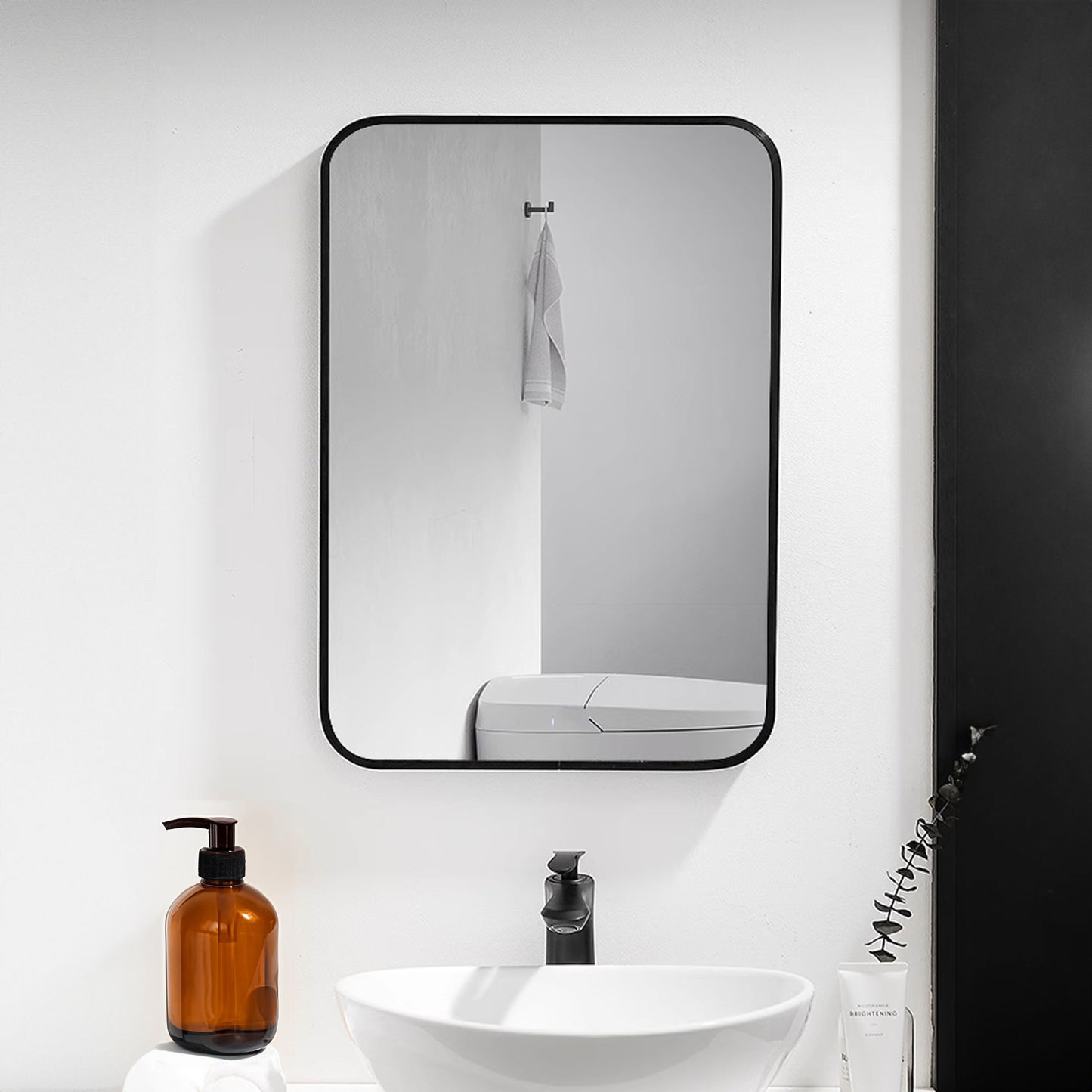 20*28inch Mirror Hangs Horizontally or Vertically Black Metal Framed Bathroom Mirror