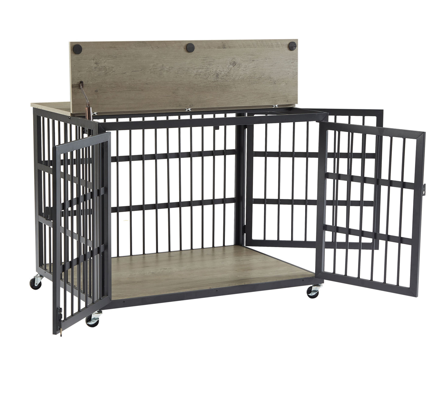 Furniture style dog crate wrought iron frame door with side openings, Grey, 38.4''W x 27.7''D x 30.2''H.