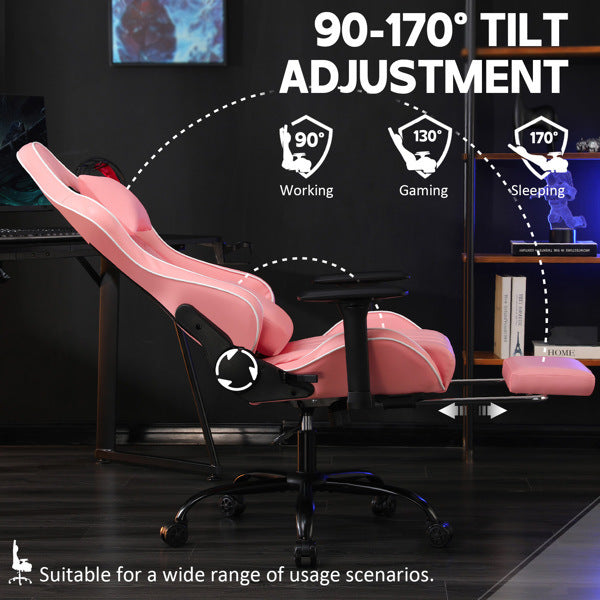 Ergonomic Gaming Chair with Footrest, Comfortable Computer Chair for Heavy People, Adjustable Height Office Desk Chair with Wheels, Breathable Leather Video Game Chairs (Pink)