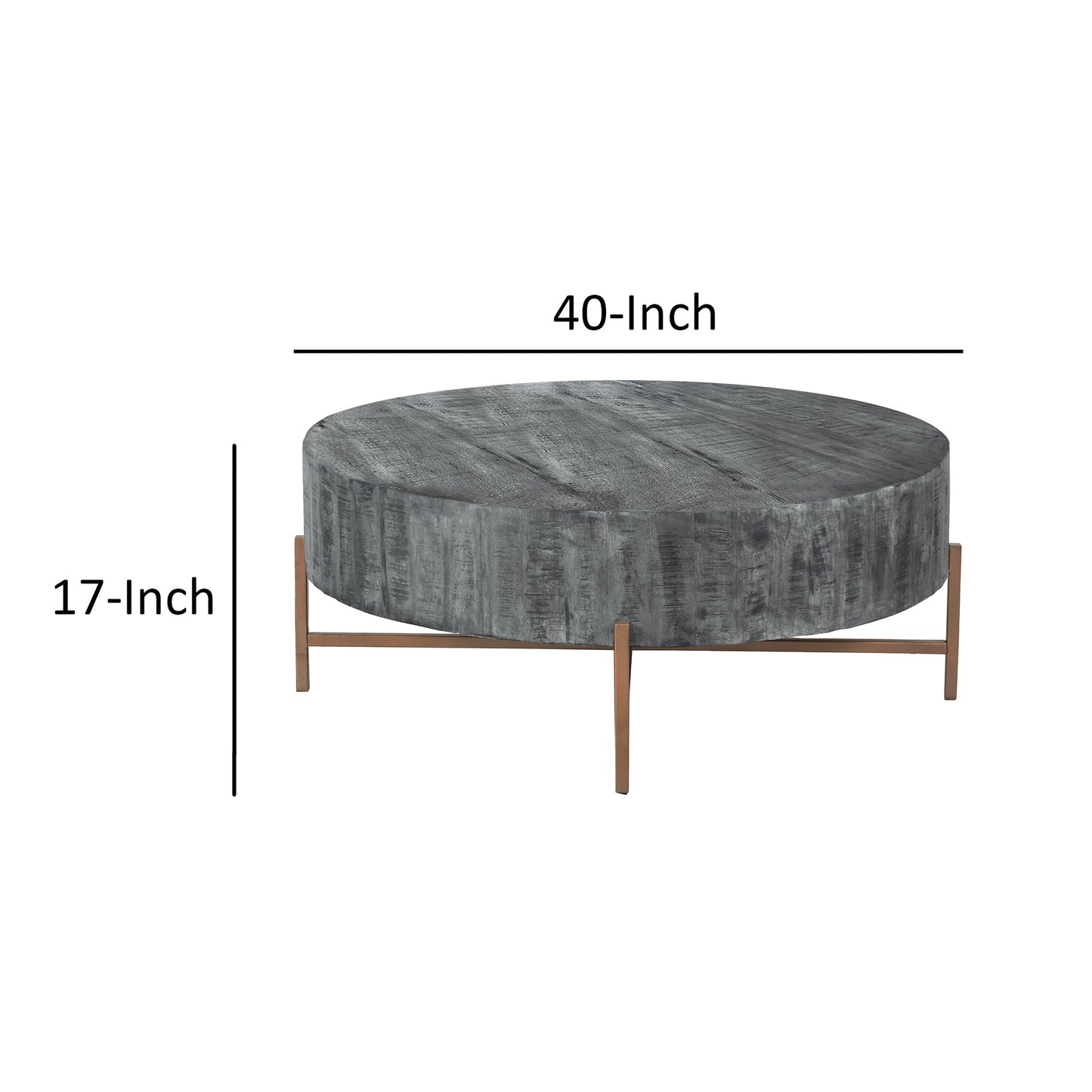 40 Inch Round Wooden Coffee Table with Cross Metal Base Support, Gray and Brown