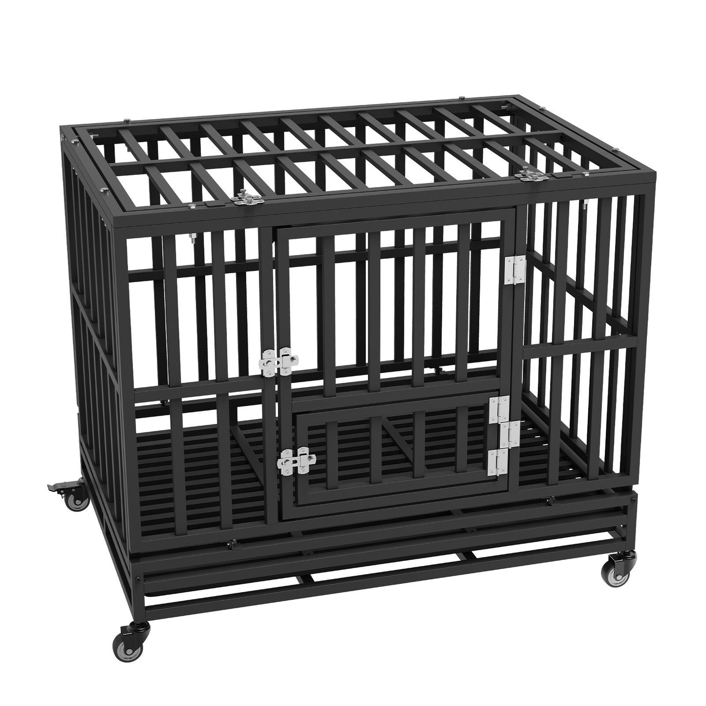 38 Inch Heavy Duty Dog Crate, Indestructible Dog Crate, 3-Door Heavy Duty Dog Kennel for Medium to Large Dogs with Lockable Wheels and Removable Tray, High Anxiety Dog Crate for Indoor & Outdoor