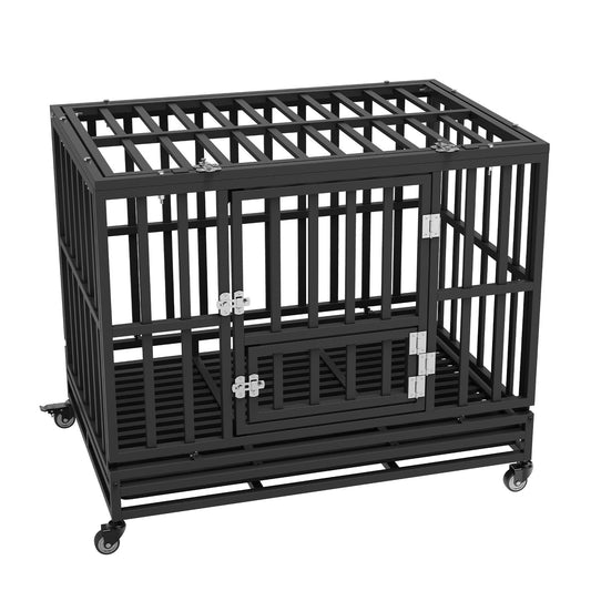 38 Inch Heavy Duty Dog Crate, Indestructible Dog Crate, 3-Door Heavy Duty Dog Kennel for Medium to Large Dogs with Lockable Wheels and Removable Tray, High Anxiety Dog Crate for Indoor & Outdoor