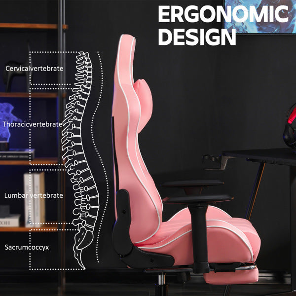 Ergonomic Gaming Chair with Footrest, Comfortable Computer Chair for Heavy People, Adjustable Height Office Desk Chair with Wheels, Breathable Leather Video Game Chairs (Pink)