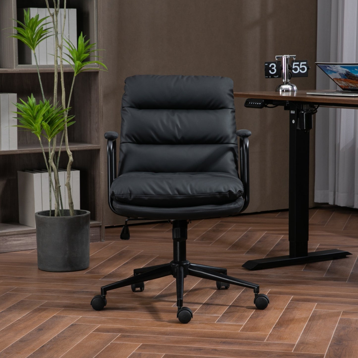 Office Chair,Mid Back Home Office Desk Task Chair with Wheels and Arms Ergonomic PU Leather Computer Rolling Swivel Chair with Padded Armrest,The back of the chair can recline 40° (Black)